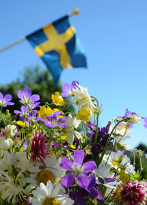 Sommarblommor och svenska flaggan i bakgrunden. Foto: Mostphotos